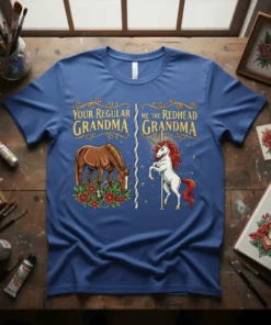 Your Regular Grandma ME, the Redhead Grandma t-shirt design featuring a horse on the left and a unicorn on the