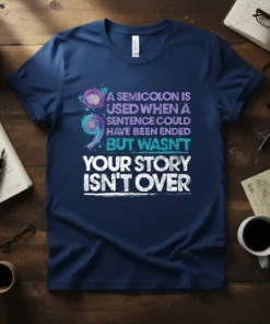 Semicolon quote t-shirt reading "A semicolon is used when a sentence could have been ended but wasn't, your story isn't