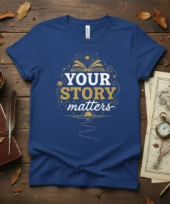 Your Story Matters quote in gold and white text on a blue t-shirt, featuring an open book graphic and celestial