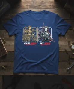 Your Wife My Wife t-shirt design showing a vintage woman with gears and a modern woman with guns