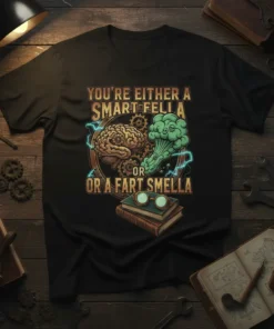T-shirt with the text "YOU'RE EITHER A SMART FELLA OR A FART SMELLA" featuring a brain graphic and a broccoli-like
