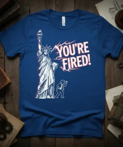 Statue of Liberty graphic with "YOU'RE FIRED!" text on a blue t-shirt, featuring a small fleeing figure