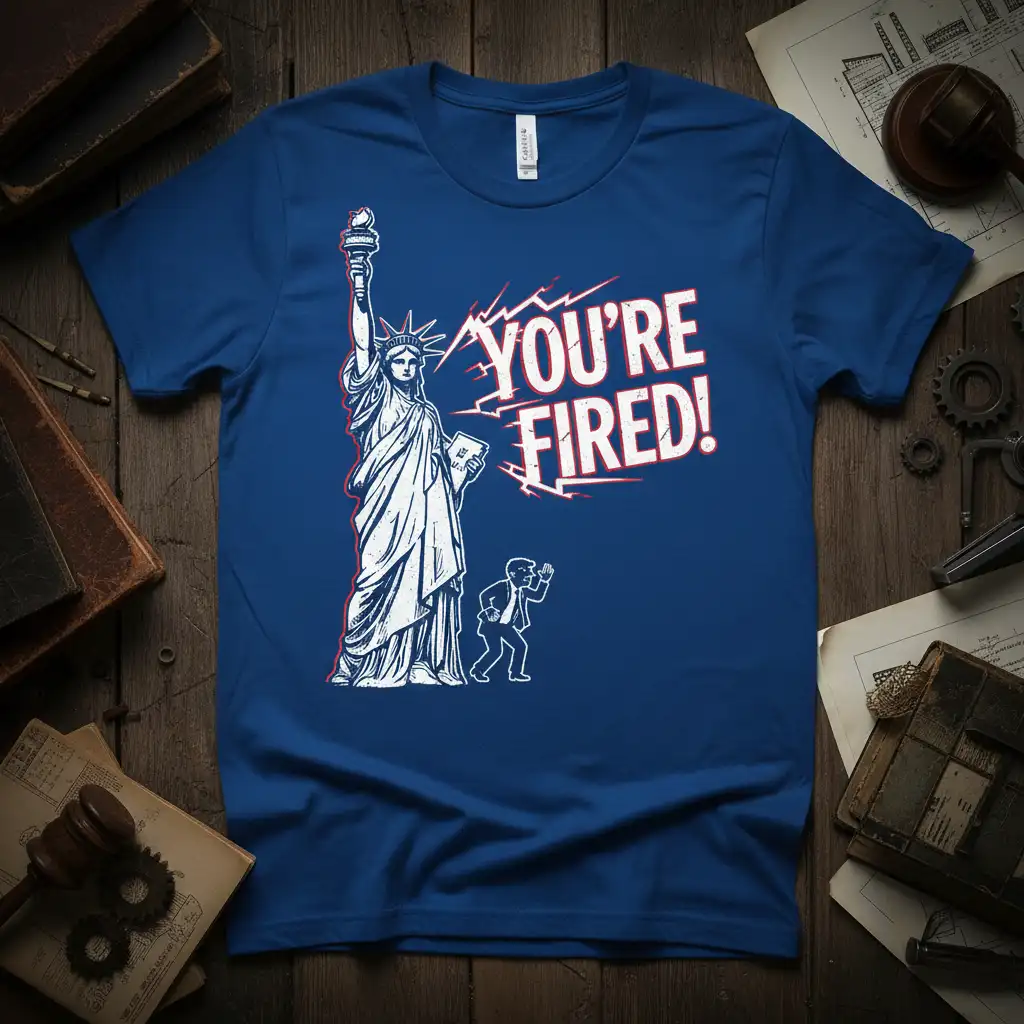 YOU'RE FIRED! quote and Statue of Liberty graphic on a blue t-shirt, symbolizing a new beginning