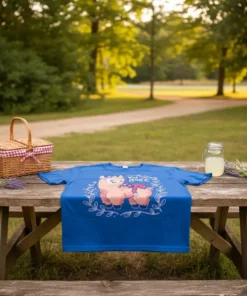 Blue t-shirt with "You're My Person" quote and two cute llamas hugging, surrounded by a laurel wreath design