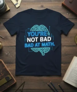 Navy t-shirt with neon blue and white text "YOU'RE NOT BAD BAD AT MATH." inside a brain graphic
