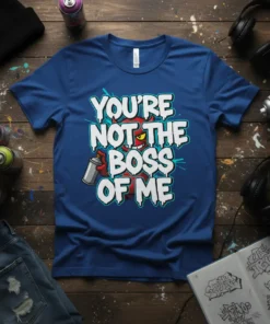 Blue t-shirt with white graffiti-style text "YOU'RE NOT THE BOSS OF ME" and a red devil holding a spray can