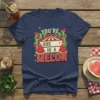 You're One In A Melon text with watermelon slices and bees, circus tent design, navy blue t-shirt