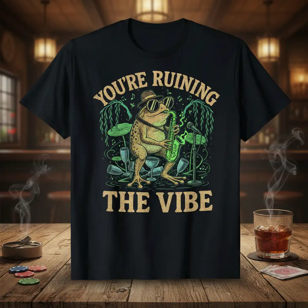 You're Ruining The Vibe quote with a frog playing saxophone graphic on a black t-shirt