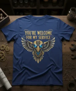 You're Welcome For My Service quote with an eagle graphic on a navy blue t-shirt