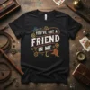 Black t-shirt with "YOU'VE GOT A FRIEND IN ME." text, cowboy hat, boots, horseshoe, and gears graphic