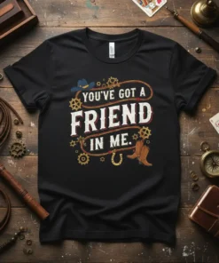 Black t-shirt with "YOU'VE GOT A FRIEND IN ME." text, cowboy hat, boots, horseshoe, and gears graphic