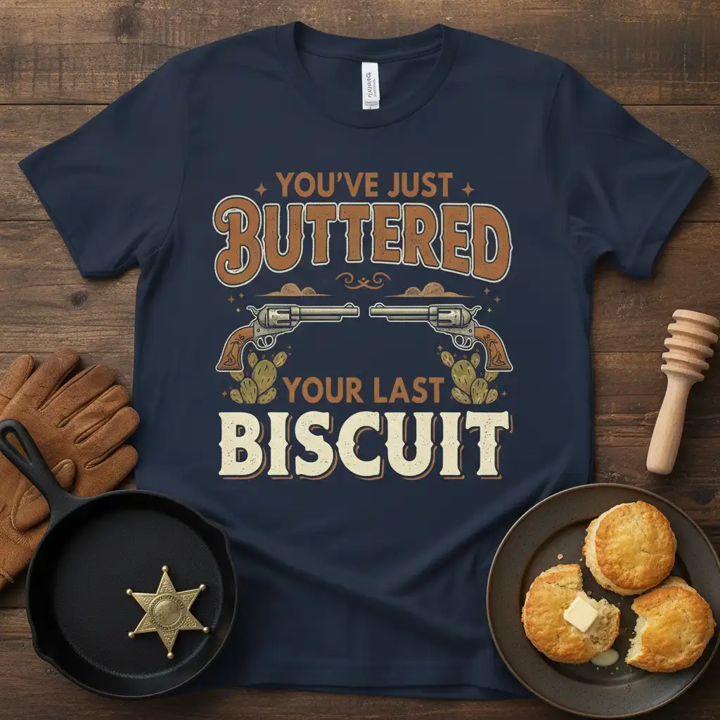 YOU'VE JUST BUTTERED YOUR LAST BISCUIT quote on a navy t-shirt with cowboy revolvers and cacti graphic