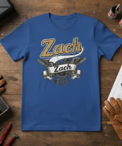 Zach Zach personalized name t-shirt with retro wings and motorcycle engine graphic