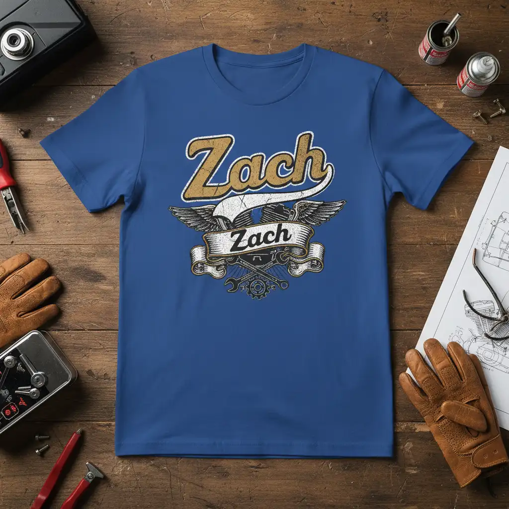 Zach Zach custom name t-shirt with retro wings and biker engine emblem