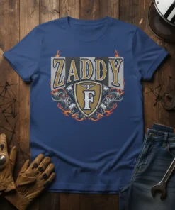 Zaddy T-Shirt design with bold text, motorcycle engine graphics, and fiery accents