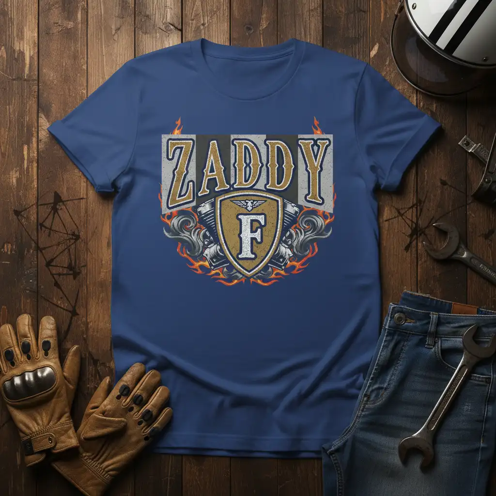 Zaddy text with motorcycle engines and flames graphic on a blue t-shirt