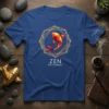 Zen Koi Journey t-shirt design with a geometric orange koi fish inside a golden geometric frame