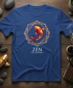 Zen Koi Journey t-shirt design with a geometric orange koi fish inside a golden geometric frame