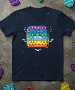 Zen Pop It Fidget Toy T-Shirt featuring a smiling, meditative Pop It toy in rainbow colors