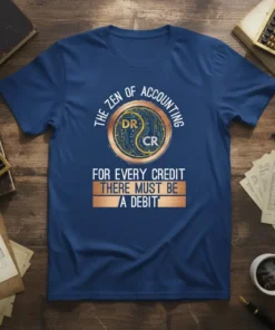 T-shirt design with "The Zen of Accounting" and "For Every Credit There Must Be A Debit" text, featuring DR and