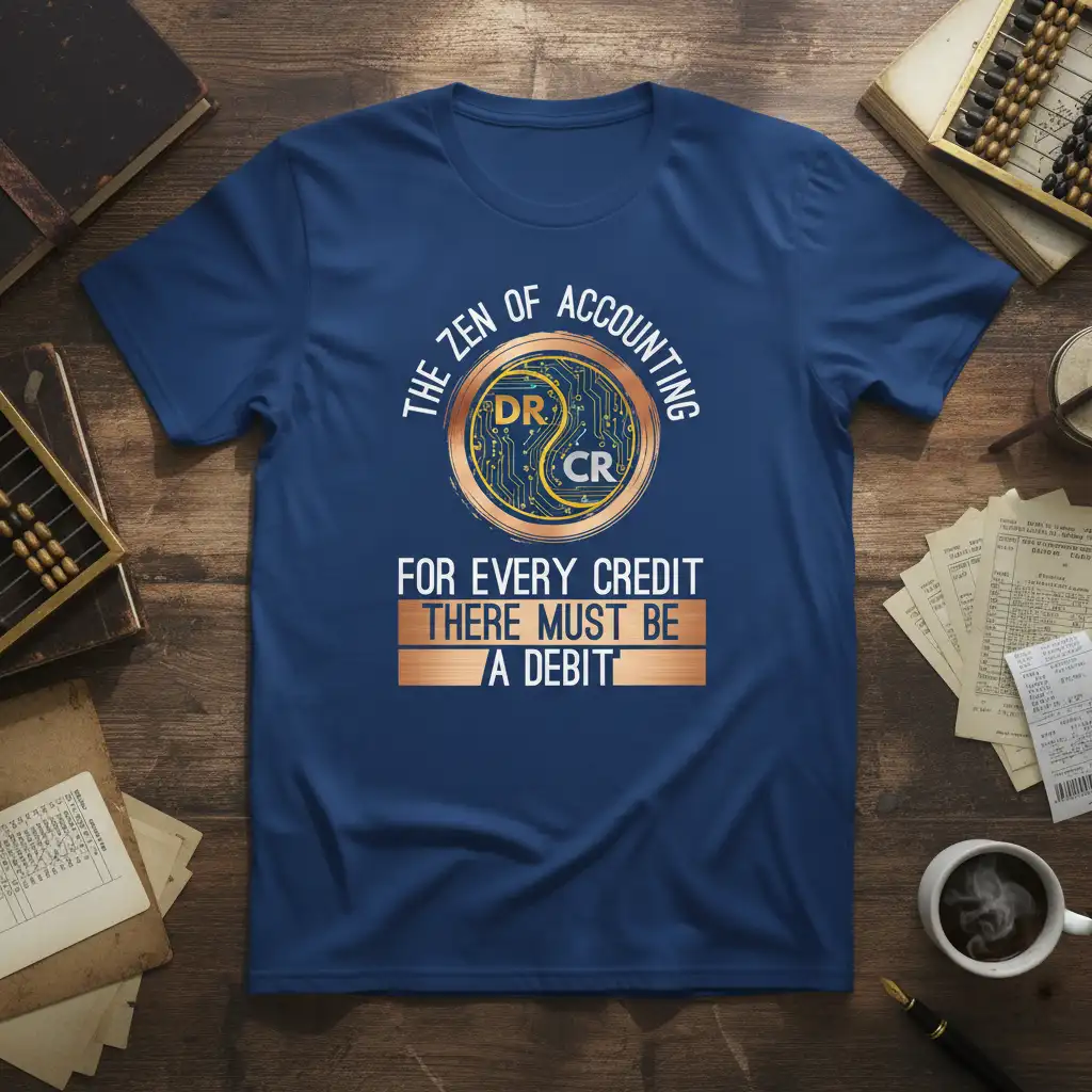 The Zen of Accounting quote with DR CR graphic on a navy blue t-shirt design