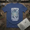 Zephyr Stormbringer League t-shirt design featuring an angel warrior with wings and staff, surrounded by ornate patterns