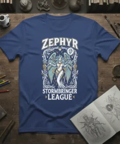 Zephyr Stormbringer League t-shirt design featuring an angel warrior with wings and staff, surrounded by ornate patterns