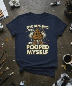 Funny t-shirt design with text "ZERO DAYS SINCE SINCE I LAST POOPED MYSELF" and a cartoon poop emoji character giving