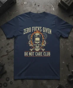 ZERO FUCKS GIVEN DO NOT CARE CLUB t-shirt with a flaming welder skull graphic and crossed bones