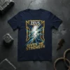 Zeus Gives Me Strength T-Shirt with lightning bolt graphic and gold accents