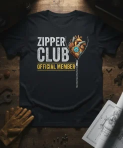 Zipper Club Official Member text with a steampunk mechanical heart graphic on a black t-shirt