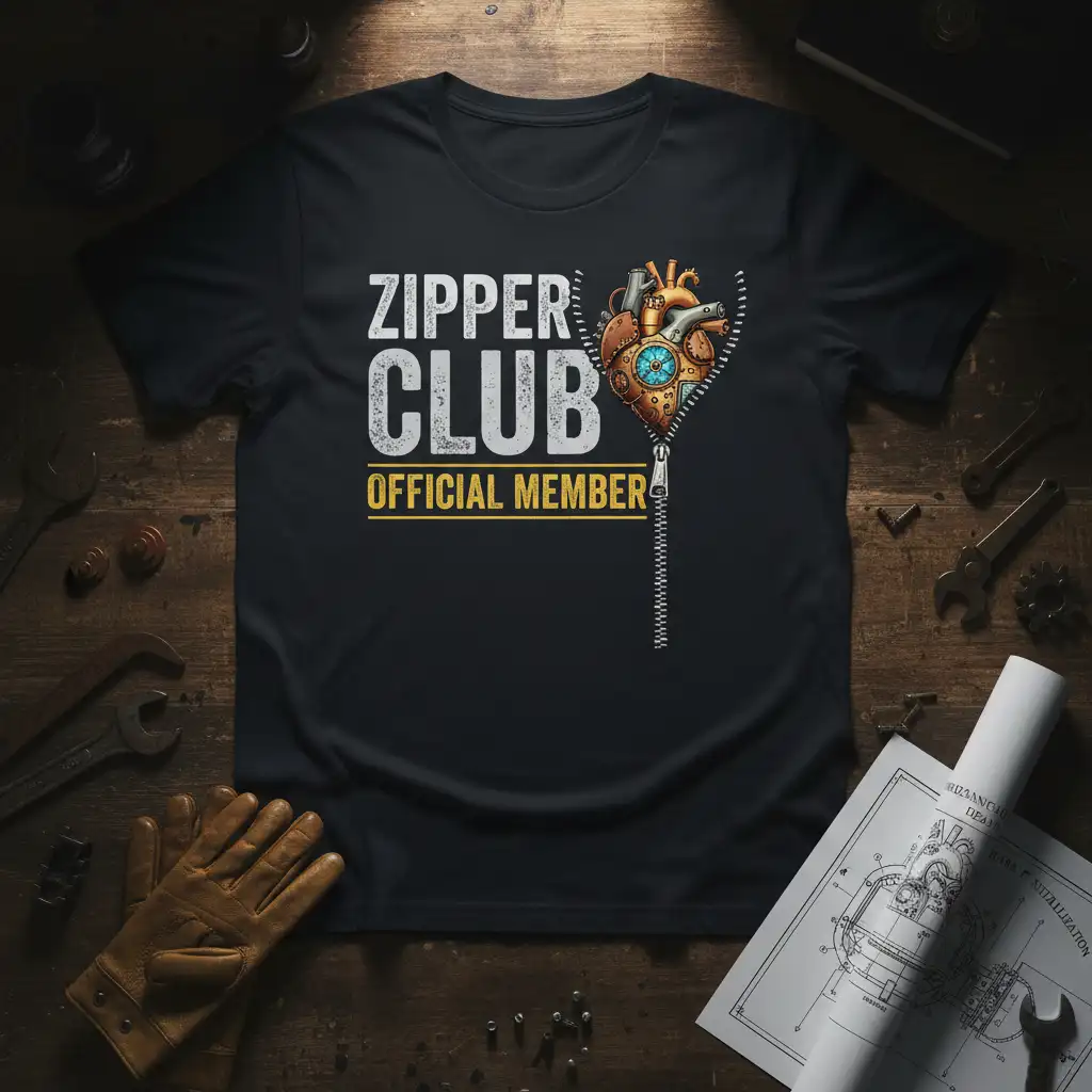 Zipper Club Official Member text and steampunk mechanical heart graphic on a black tee