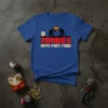 Zombies Hate Fast Food graphic t-shirt design with two zombies holding a flaming burger near a RIP gravestone