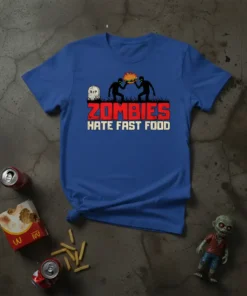 Zombies Hate Fast Food graphic t-shirt design with two zombies holding a flaming burger near a RIP gravestone