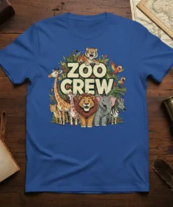 Zoo Crew t-shirt design featuring cartoon giraffes, lions, elephants, zebras, tigers, and parrots surrounded by leaves