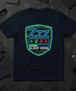 Zzz + BBA SLEEP MODE t-shirt design with neon circuit board shield graphic and "Sleep Mode" text