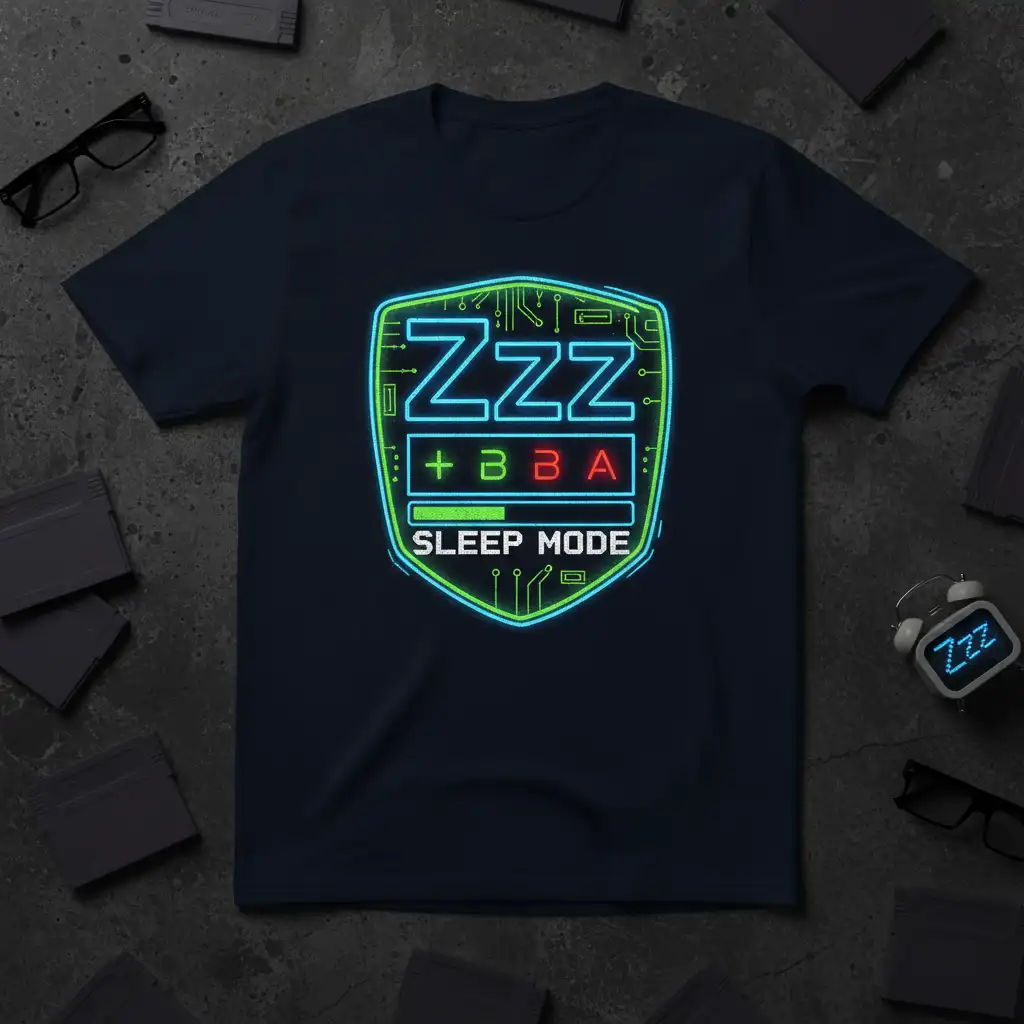 Zzz + BBA SLEEP MODE gamer t-shirt with neon circuit graphics and sleep mode text