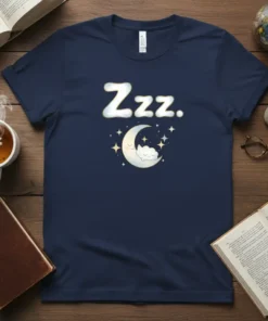 Zzz. text and cute sleeping moon with stars graphic on a navy blue t-shirt