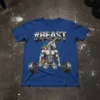 #BEAST hashtag and muscular unicorn lifting barbell graphic on a blue t-shirt