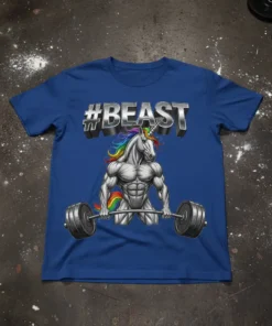 #BEAST hashtag and muscular unicorn lifting barbell graphic on a blue t-shirt