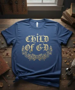 Child of G·D text with ornate floral wreath and cross on blue t-shirt, faith-inspired design