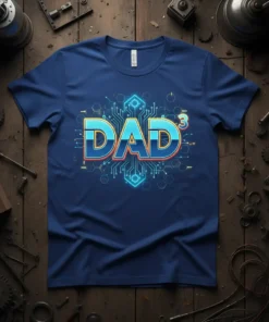 DAD³ text design with circuit board graphics and a cubic exponent, presented on a navy blue t-shirt