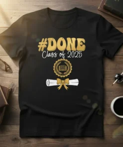 #DONE Class of 2025 graduation t-shirt with diploma graphic and laurel wreath