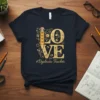 #Dyslexia Teacher Love T-Shirt featuring gold glitter text and educational icons, with a large pencil graphic