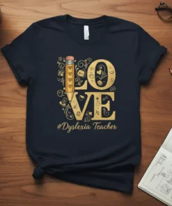 #Dyslexia Teacher Love T-Shirt featuring gold glitter text and educational icons, with a large pencil graphic