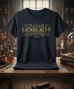 #Embalmer Est. 1892 t-shirt with vintage gold ornate frame and text for funeral directors