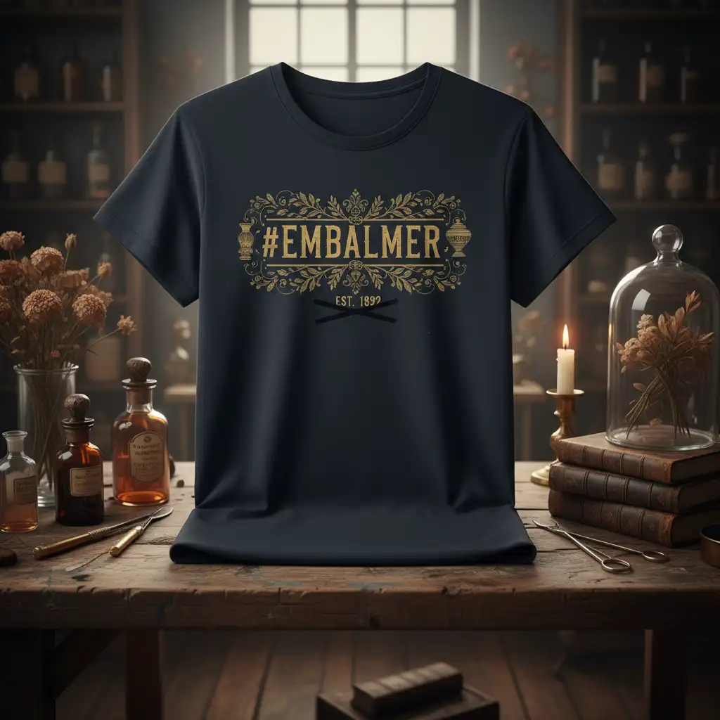 #Embalmer Est. 1892 vintage design with ornate gold frame on a dark t-shirt, perfect for funeral directors