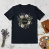 Black t-shirt with a circular floral design featuring daisies and lavender, with the hashtag #fofo in the center