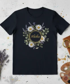 Black t-shirt with a circular floral design featuring daisies and lavender, with the hashtag #fofo in the center