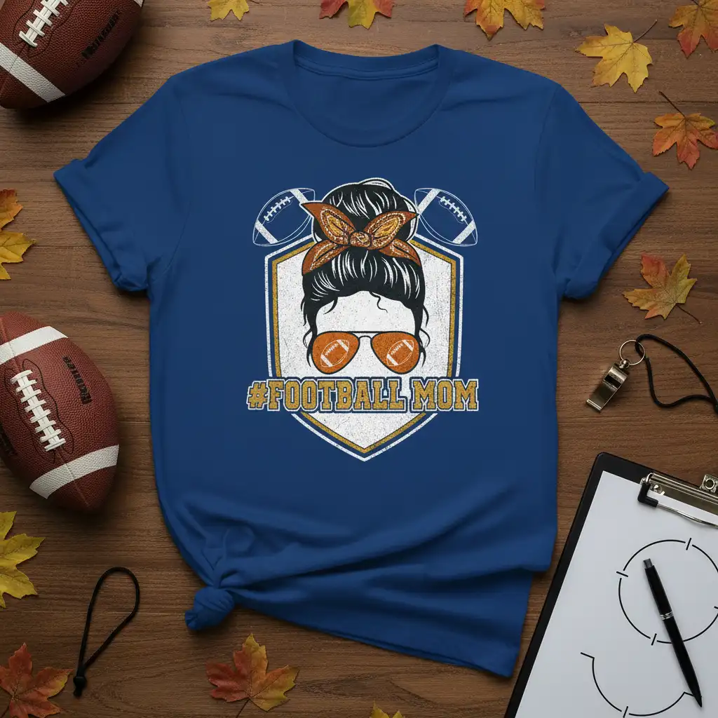 #FOOTBALL MOM graphic t-shirt with messy bun, aviator sunglasses, and football accents for sports moms